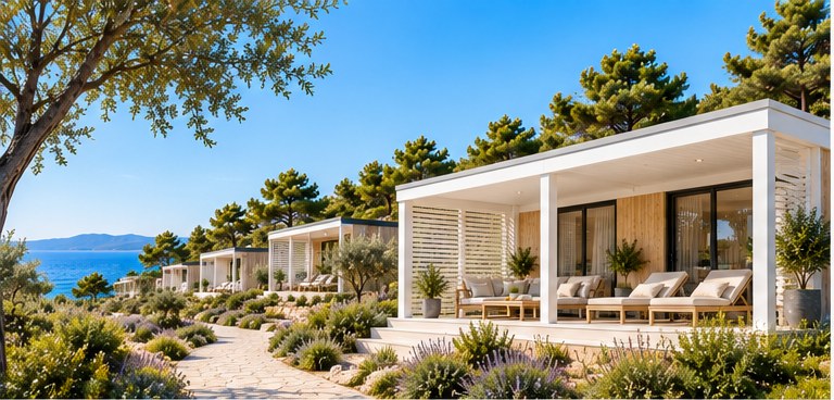 Visualisierung Camp Kurela mit Mobilhomes und Meerblick